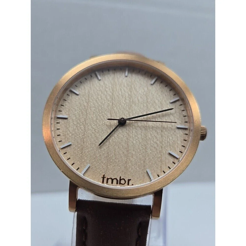 Tmbr The Helm Wood Dial Watch Rose Gold Tone 40mm Brown Leather New Battery